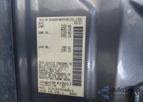 2017 Nissan Maxima 3.5 Sr z USA, uszkodzony, nr VIN 1N4AA6AP1HC429017